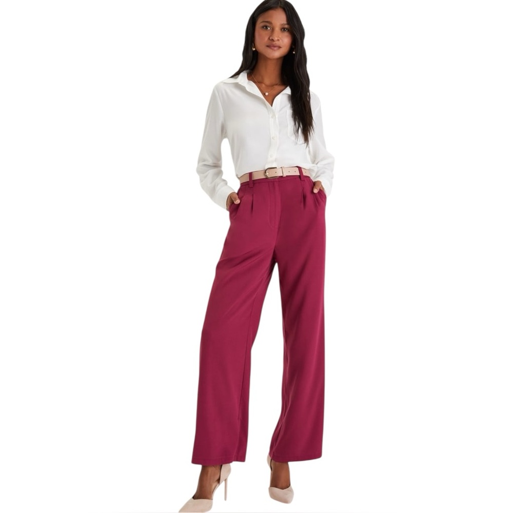 Lulus Upscale Energy Berry Pink High Rise Wide Leg Trouser Pants Size Small